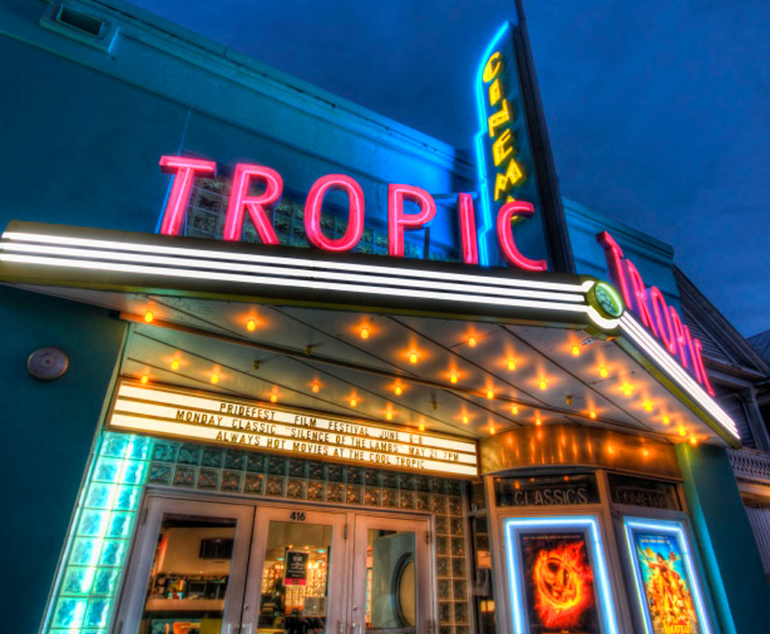 a store front at night