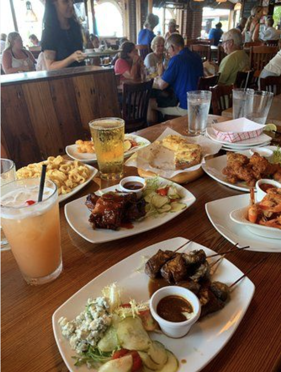 a group of people sitting at a table with a plate of food